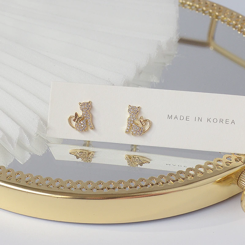 

14k Real Gold Cute Cat Earring Fashion Jewelry Exquisite Micro-inlaid Zircon Stud Earrrings For Women Simple Daily Party Gift