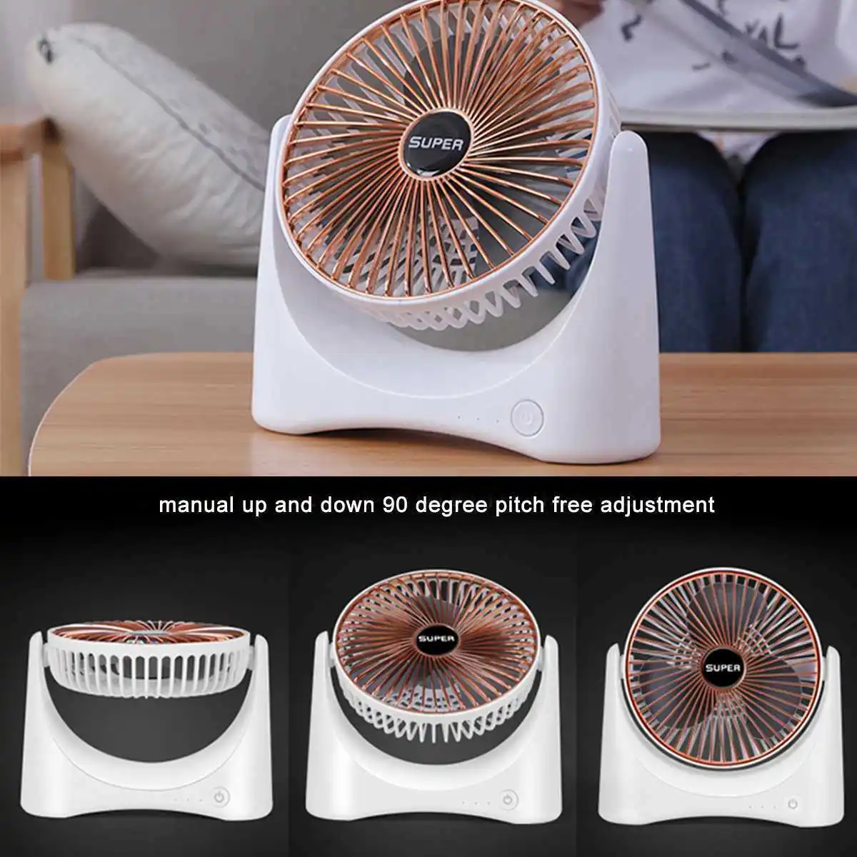 

Cooling Fan Rechargeable Office Desk Mini Fan Electric Low Noise 3 Gear Adjustment 2.0 Fast Charging Technology Golden Silver