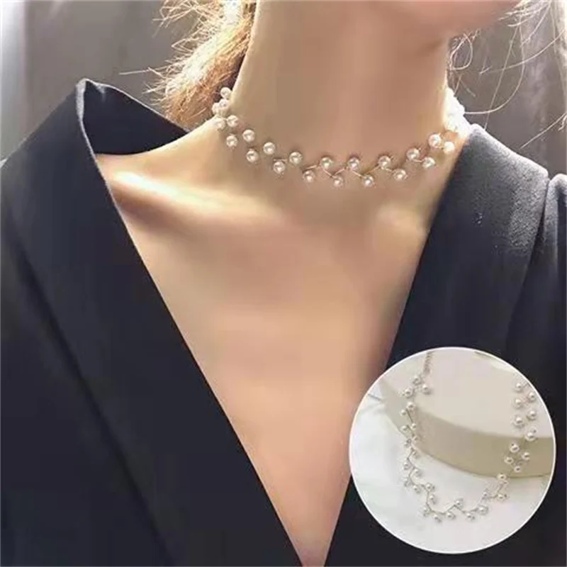 

Trendy Fine Silver Pearl Sparkling Clavicle Chain Choker Necklace For Women Jewelry Wedding Party Girls Christmas Birthday Gift