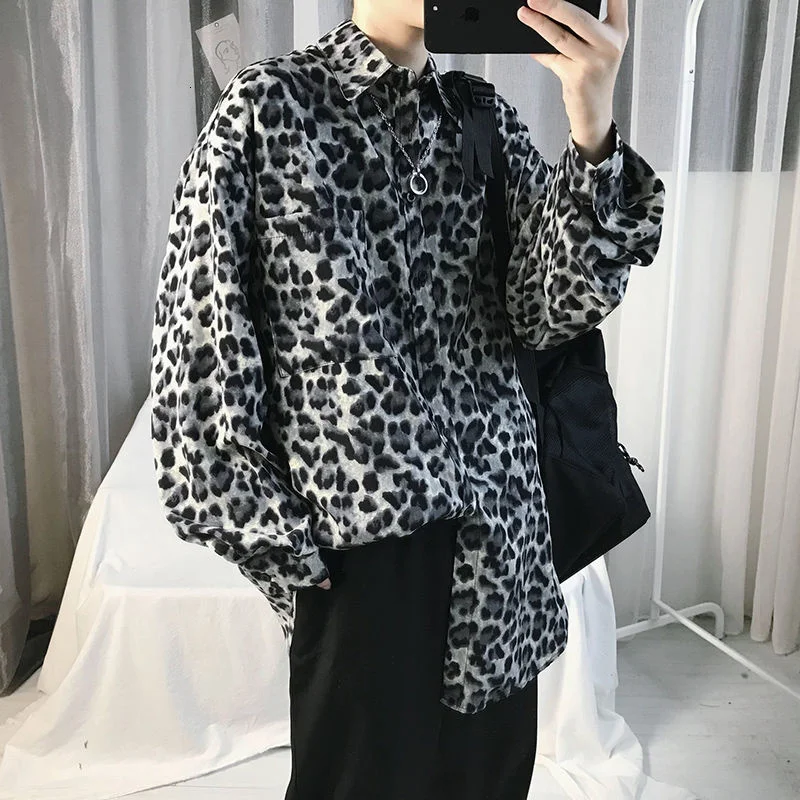 

Мужская свободная рубашка с длинными рукавами, рубашка с леопардовым принтом, уличная одежда, рубашка с французскими манжетами, Размеры M-xl, ...