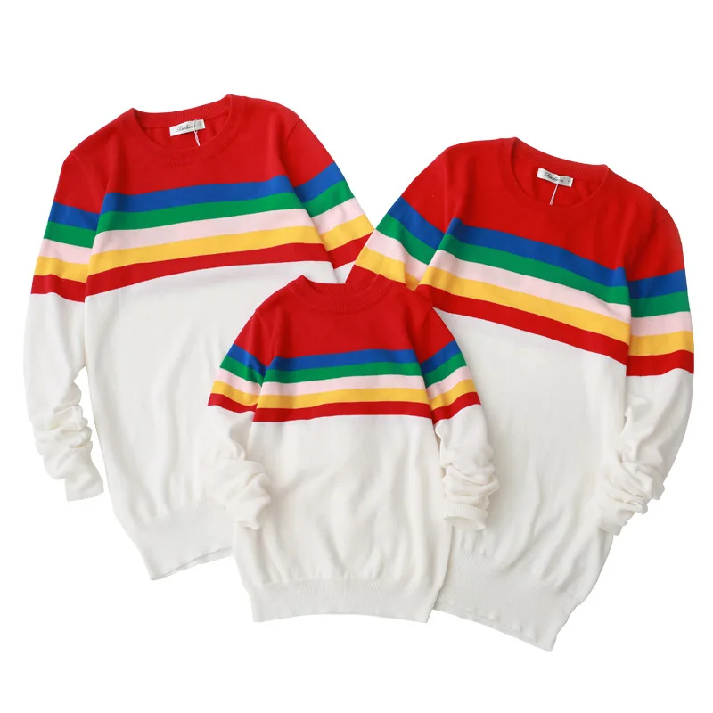 

Parents and Children Rainbow Sweater Autumn Kid Baby Girl Boy Mom Dad Pullover Round Neck Cotton Sweater Family Matching Outfits