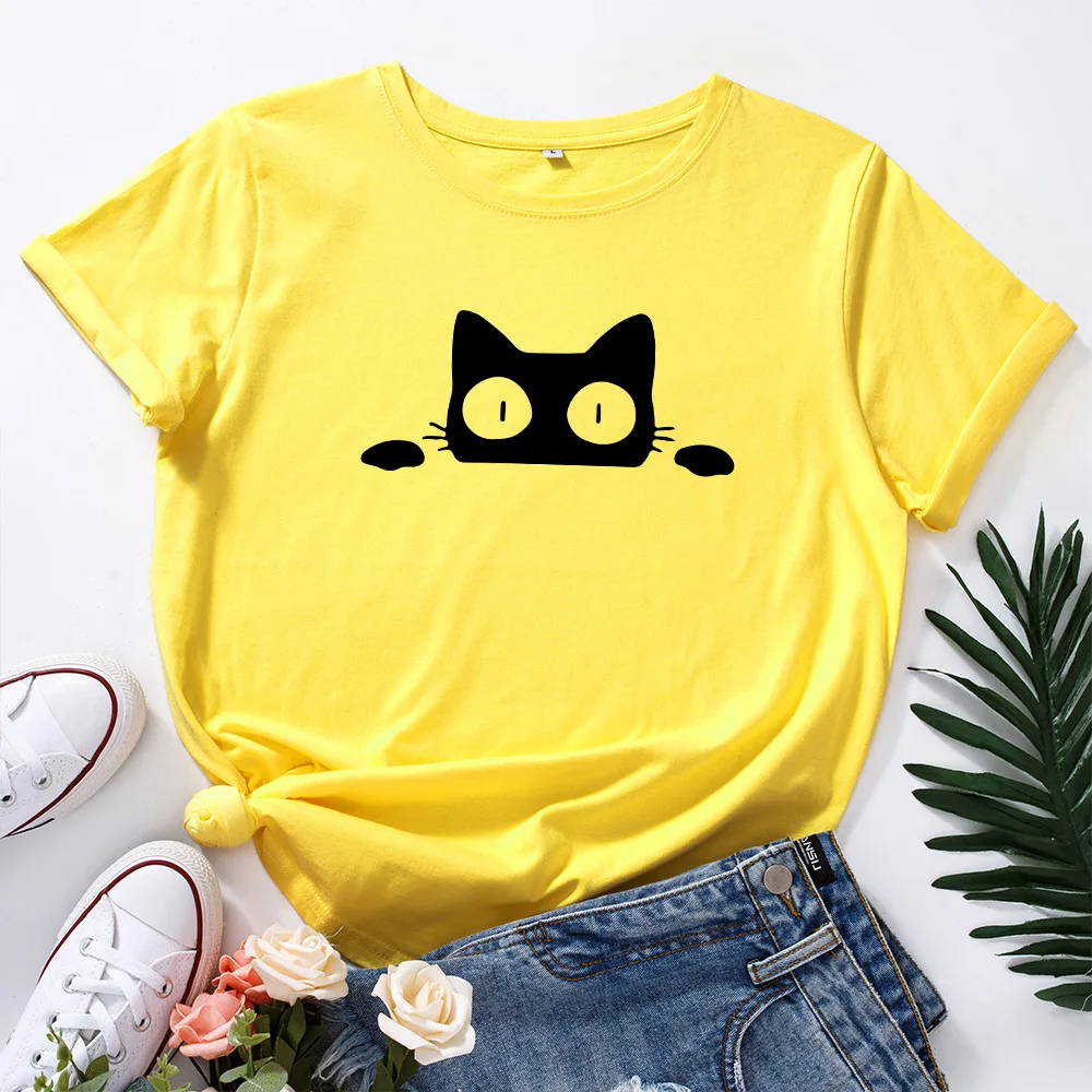 

Summer 100%Cotton Woman Tshirts Lovely Cat Printed Shirts O Neck Short Sleeve Tees T-Shirt Female Shirt Tops Camisetas Mujer