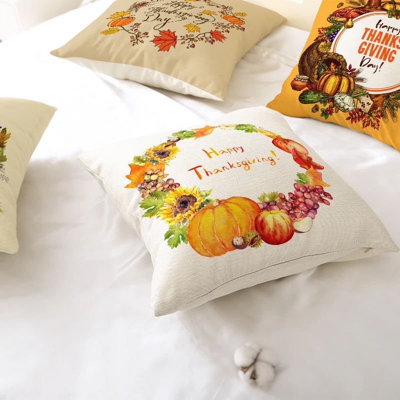 

Happy Thanksgiving Cushion Cover 45X45 Autumn Pumpkin Decorative Throw Pillows Cotton Linen Sofa Cushions Maple leaf Pillowcase