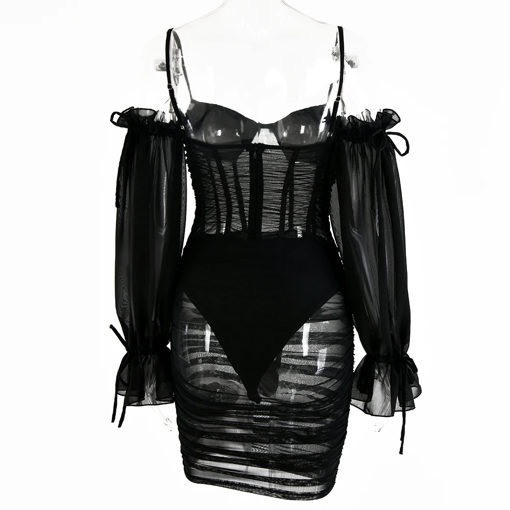 

2021 Summer New Sexy All-Match Lantern Sleeve Tube Top Halter See-Through Bag Hip Dress Women's Clothing White, Black SIZE SML