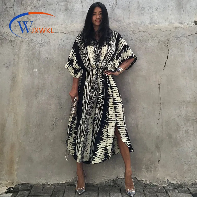 

Women's Fashion Beach Cover-up Rayon Positioning Flower Snake Pattern Vacation Robe Dress Cross-Border Amazon