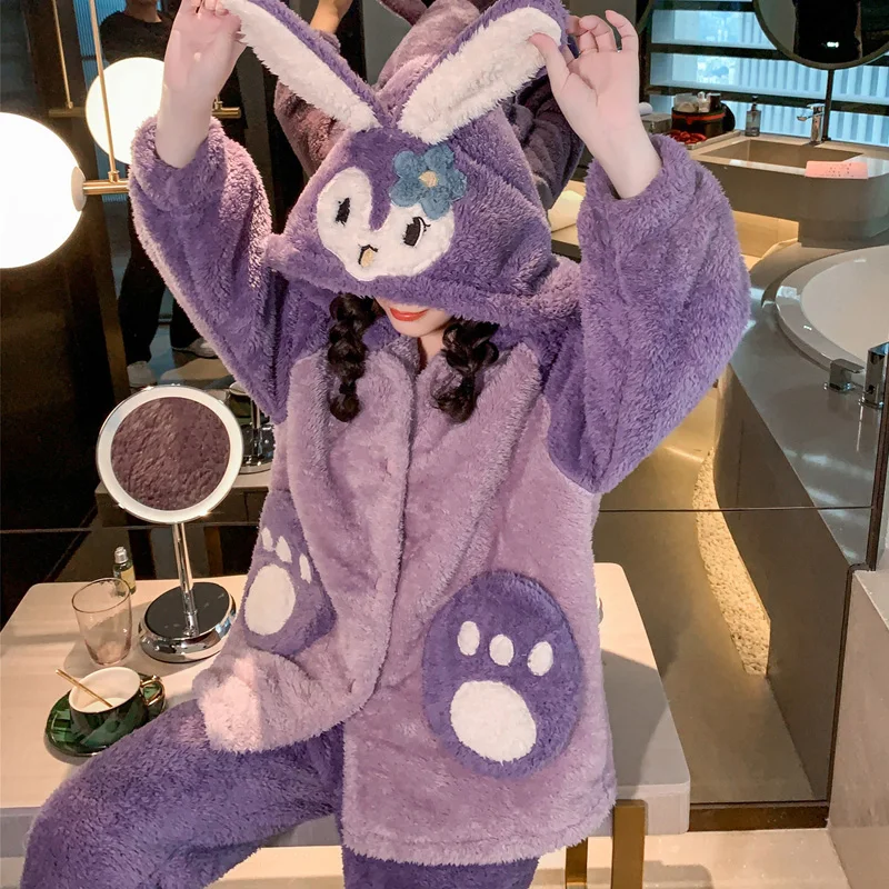 Winter Pajamas Plush Women Sleepwear Loose Version Pajama Set Inspissate Nightgown High Quality Packed Thicken Hooded женский