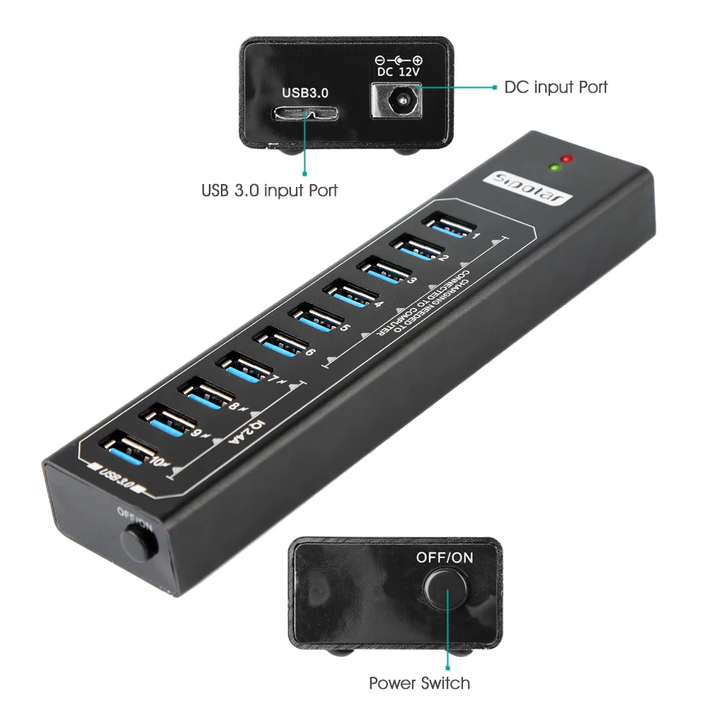 Sipolar Metal 10 портов usb 3,0 концентратор с 12V3A адаптер питания 2.4A usb зарядное устройство концентратор usb зарядная станция для ПК телефона ноутбука