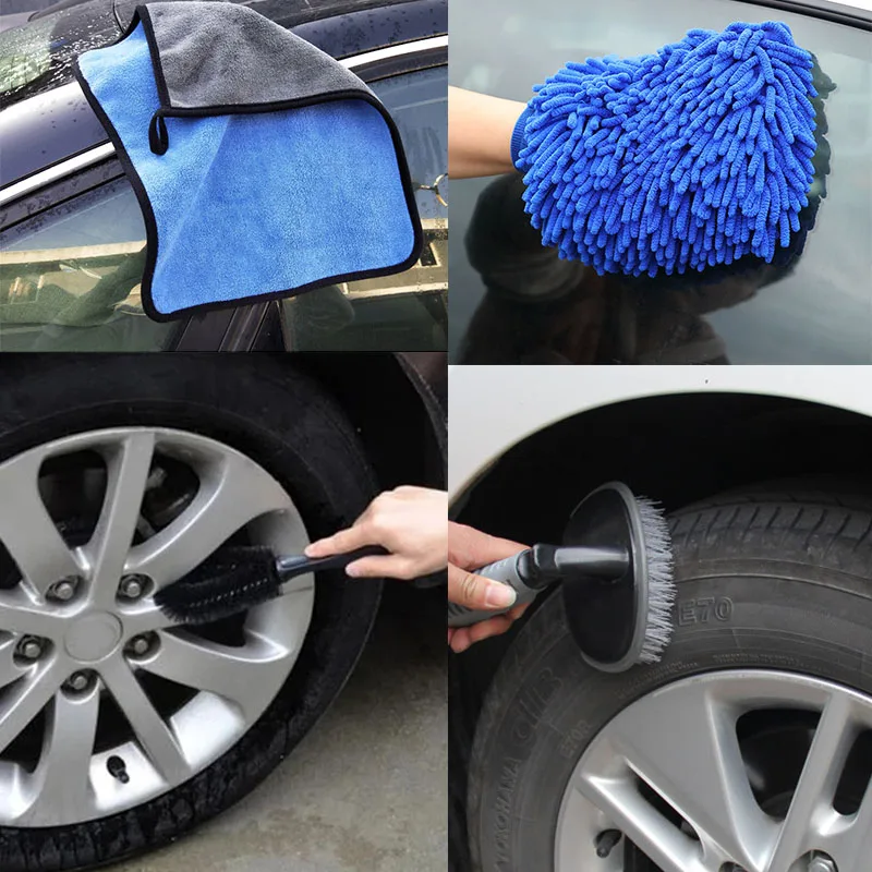 

4PCS Car Tire Rim Wheel Brush Thick Microfiber Towel Waterproof Chenille Gloves Cleaning Mitt Auto Wash Detailing Accessories