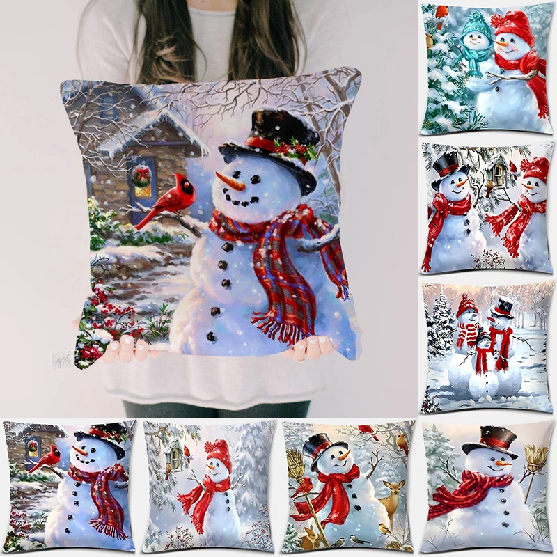

Новогодняя наволочка с рисунком Санта-Клауса, Рождества, снеговика, квадратная наволочка, украшение для дома и офиса, наволочка