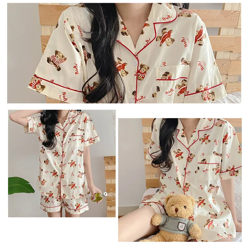 CAIYIER New Women Summer Pajamas Cute Girls Cartoon Bear Print Cotton Nightgown Suit South Korean Sweet Broken Flowers Sleepwear