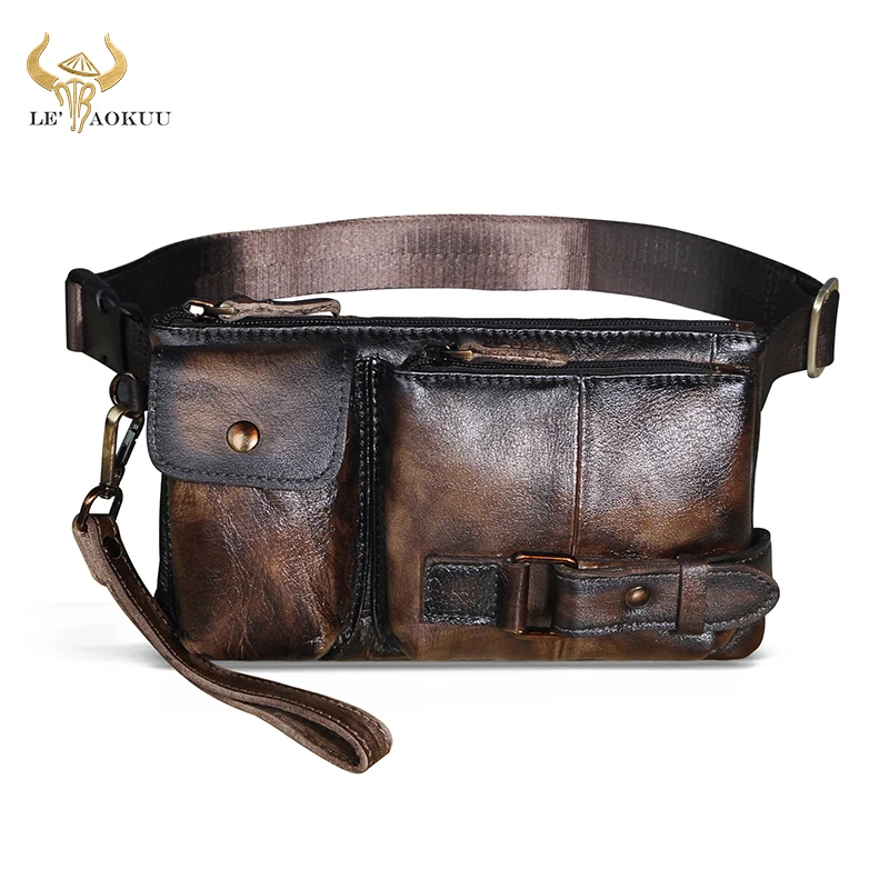

Hot Sale Natural Leather Male Coffee Cross-body Sling Bag Design Travel 7" Phone Case Travel Fanny Waist Belt Bag Men 8135