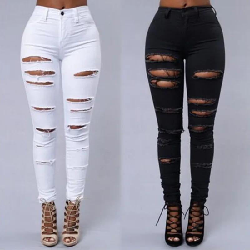 

Для женщин рваные джинсовые узкие брюки Высокая талия стрейч джинсы длинные брюки-джегинсы
