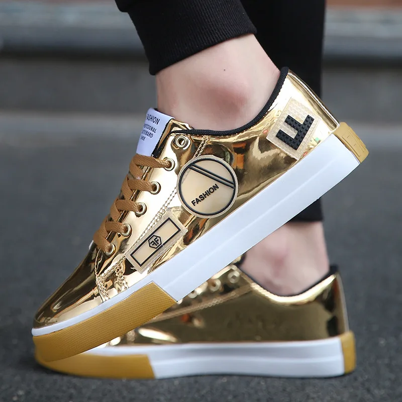 Мужская обувь в стиле хип-хоп Блестящие Серебристые кроссовки Черные кожаные