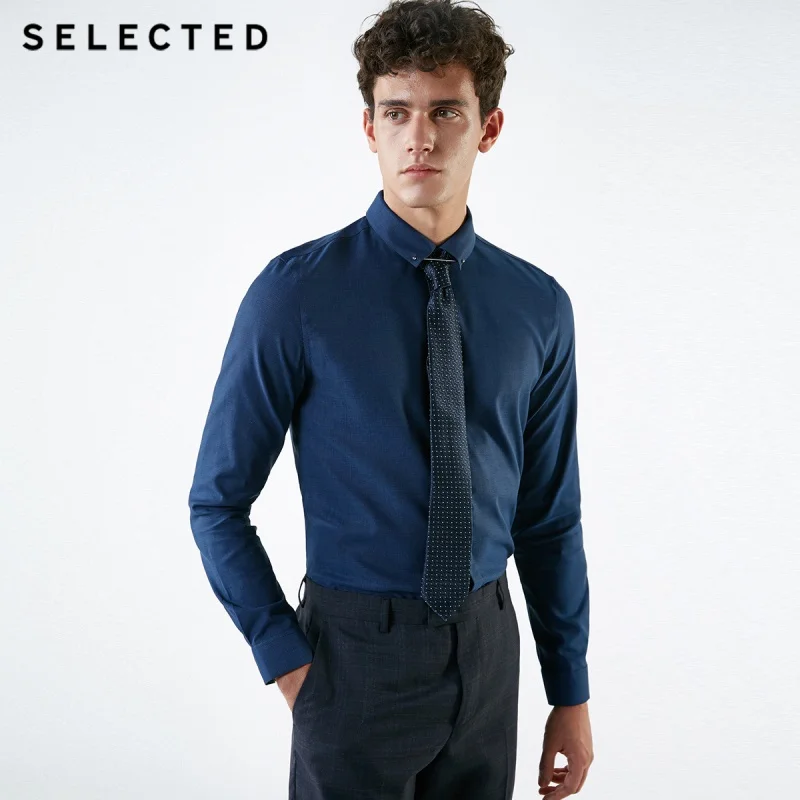 Мужская приталенная рубашка из хлопка с длинными рукавами и воротником S | 418405504