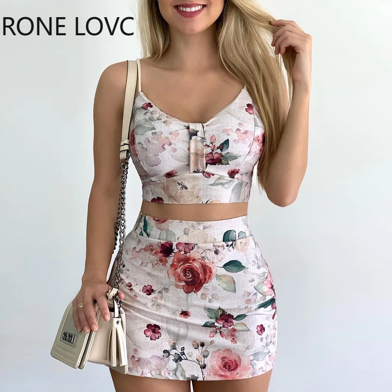 

Women V-Neck Floral Print Spaghetti Strap Crop Top & Skirts Sets Casual 2 Pieces Set
