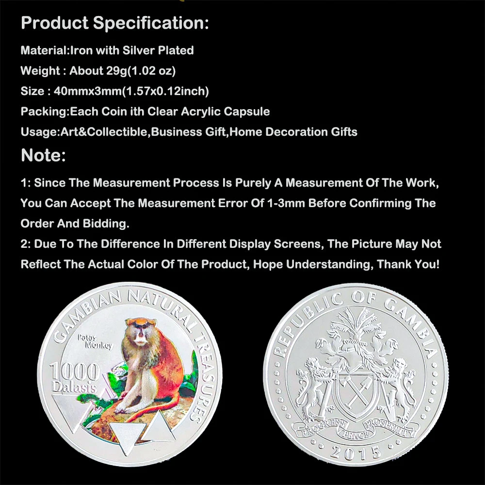 

Silver Plated Gambian Natural Treasumres African Patas Monkey Medal Souvenirs Coin Animal Collectible Coins Replica
