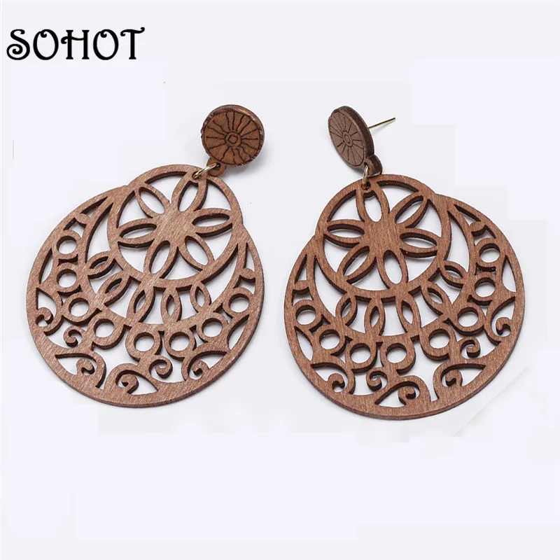 Женские серьги из натуральной древесины SOHOT разноцветные висячие в этническом