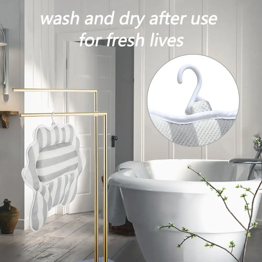 Bathroom Pillow Neck Support Anti-Slip Belt 6 Powerful Suction Cups 3D Mesh Mold Design Bath Pillows Waterproof and Quick Dry
