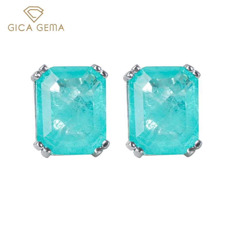 

GICA GEMA Paraiba Stud Earrings For Women 925 Sterling Silver Rectangle 8*10mm Blue Anniversary Wedding Fine Jewelry Female Gift