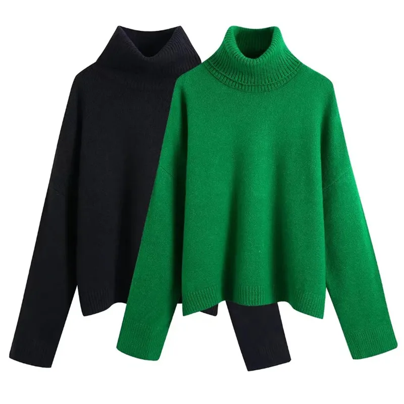 

Женский укороченный вязаный свитер, винтажные зеленые, черные пуловеры с длинными рукавами-фонариками и высоким воротником, шикарные топы