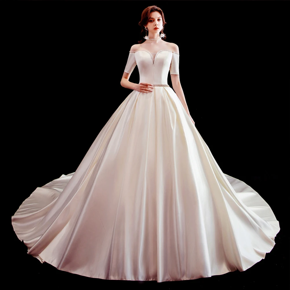 

Robe Mariage Satin Ball Gown Wedding Dresses Crystal Beading Belt Trouwjurk Short Sleeve Abito Da Sposa Simple Brautkleid