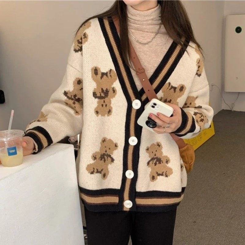 

Bear Sweater Cardigan Women's Autumn Winter New Korean Loose Jacket Knitted Sweater 2021 Harajuku Sweater Kawaii Cute Jumpers