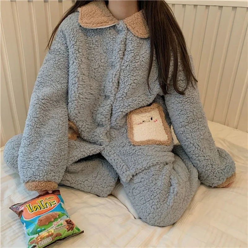 QWEEK Pajamas for Women Winter Flannel Pijamas Kawaii Bread Pocket Home Clothes Teen Girls Loungewear Sleepwear Pyjamas Roomware
