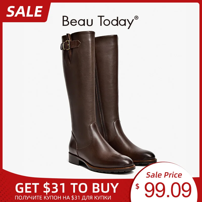 BeauToday/высокие сапоги Женские до колена из коровьей кожи с круглым носком и