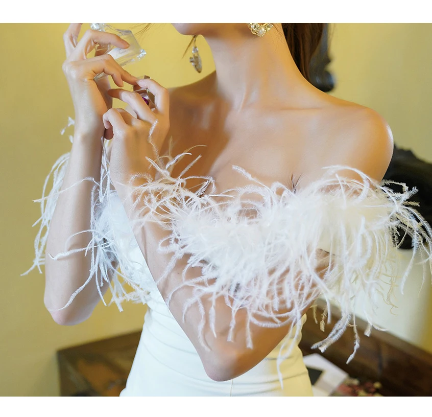 

BacklakeGirls Sexy Boat Neck Off Shoulder Elegant Women Feather White Cocktail Dress Black Bodycon Celebrity Evening Party Dress
