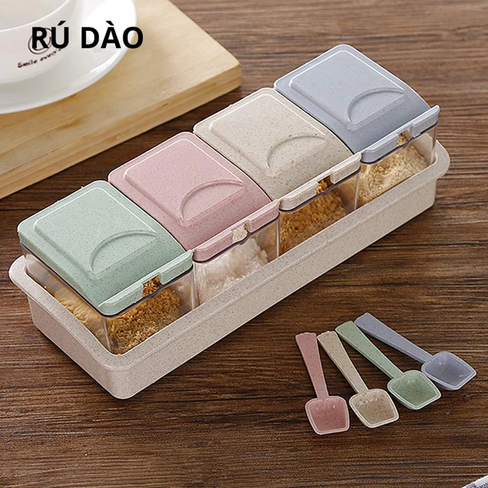 Приправа для хранения коробка Пшеничная солома с ложкой 4 отсеками специй