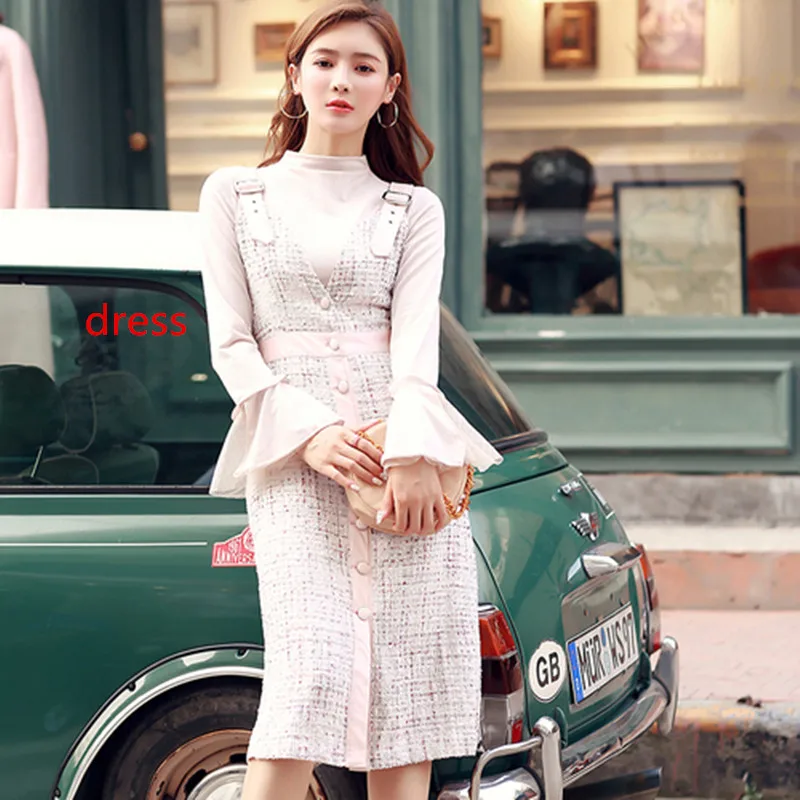 dress Женский осенне-зимний костюм из 2 предметов Женский вязаный пуловер, свитер, топ+ твидовое платье трапециевидной формы на бретелях женский элегантный костюм - Цвет: dress