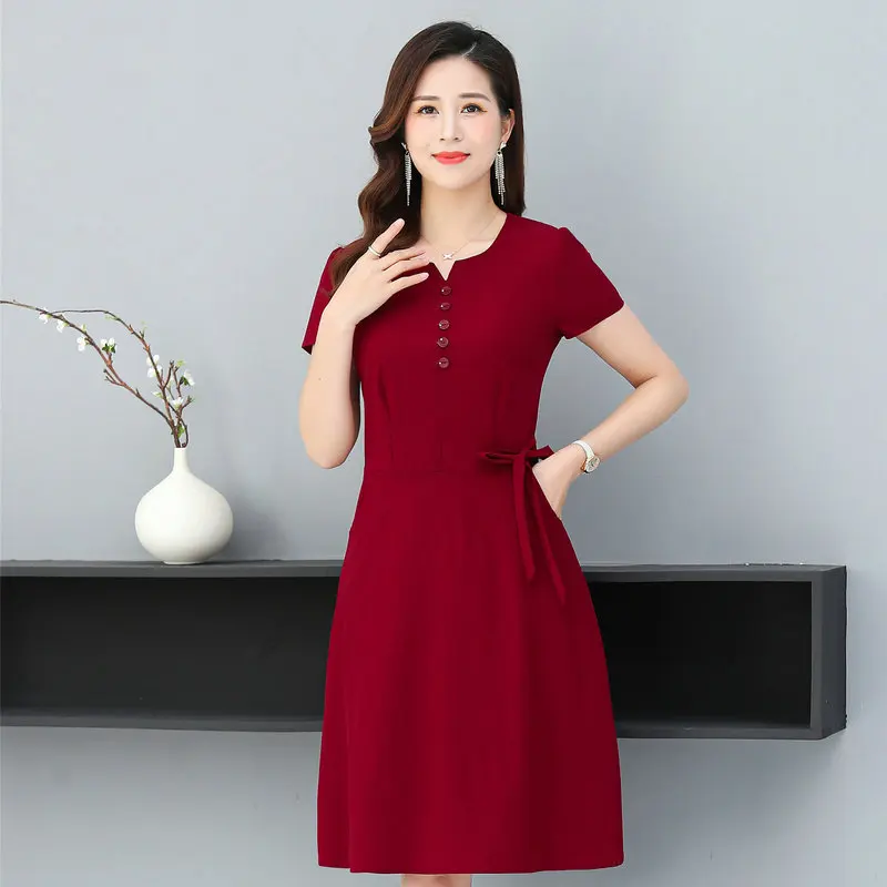 

Mature Women Summer Dress Dark Red Navy Blue Green Short Sleeve Round Colalr Knee Length Fake Button Front Knot Waist One Piece