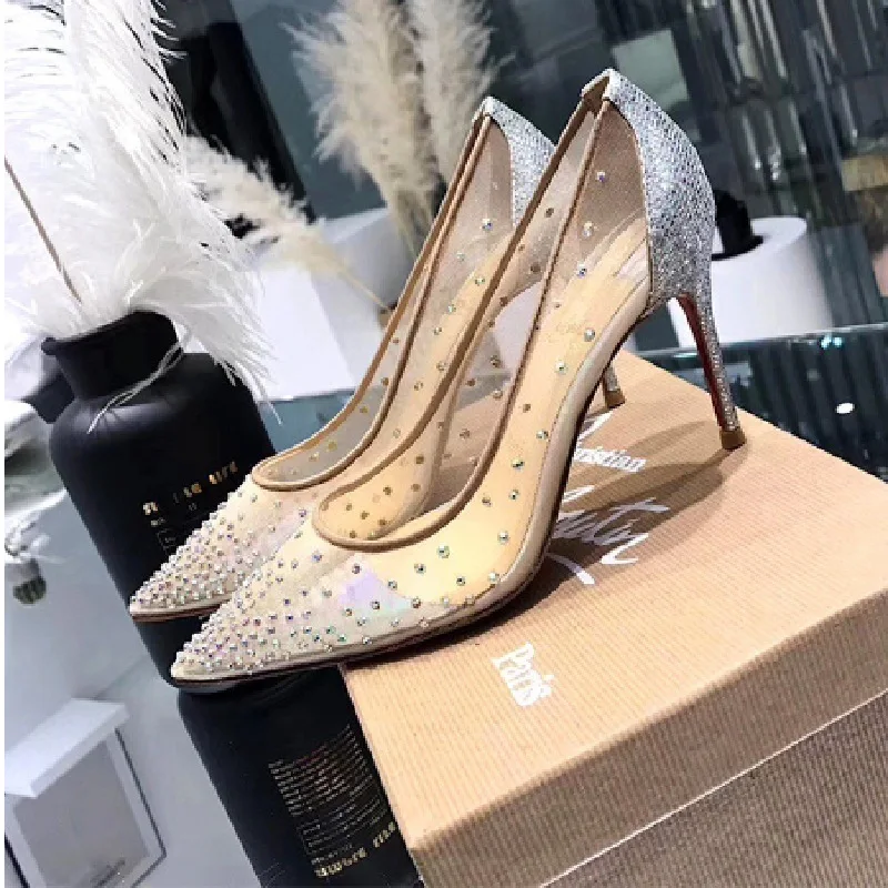 

Flash Diamond Flat Shoes 2021 European and American Mesh Breathable Sexy Pointed Princess Style Stilettos Women