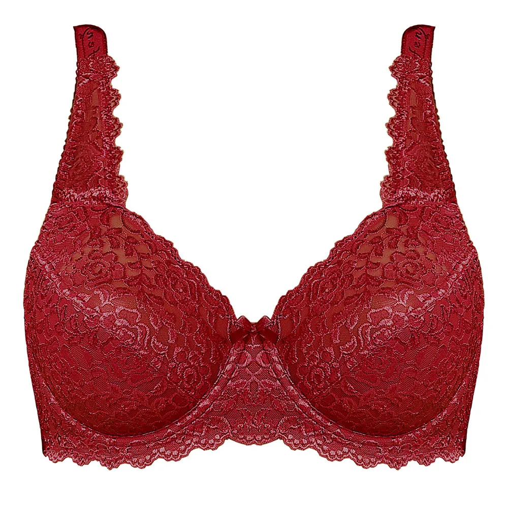 Women Lace Bra Full Coverage Bras Red Underwire Unlined Big Size Floral C D E F G H I 34 36 38 40 42 44 46