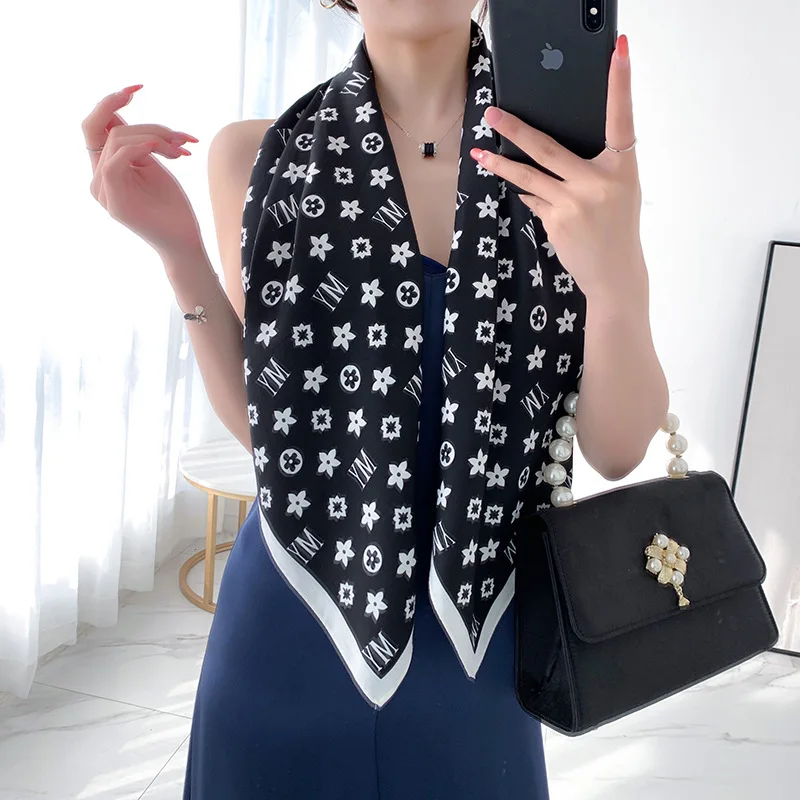 

2021 New Spring and Summer Silk 90 Twill Square Scarf Korean Style Versatile Pentagonal Printing Silk Scarf