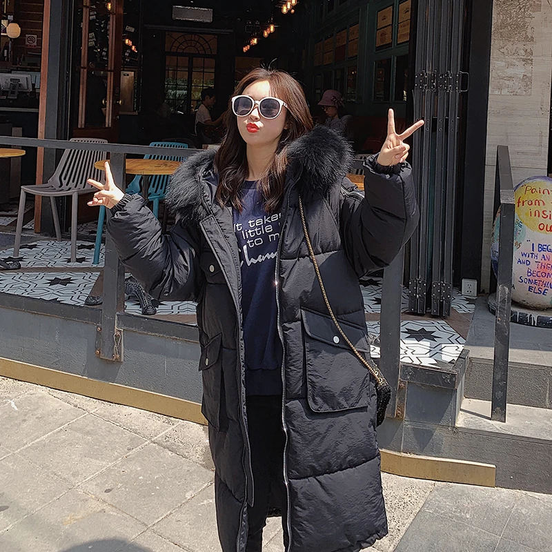 Черный Меховой воротник зимний женский с капюшоном пальто утепленная теплая длинная куртка женская верхняя одежда прямая Парка женская chaqueta feminino - Цвет: Черный