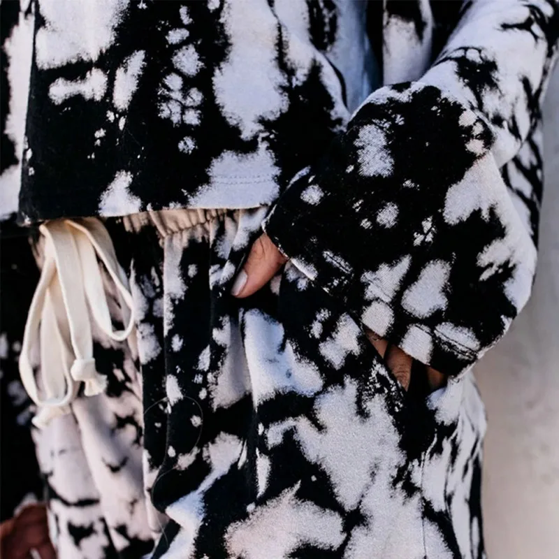 

Womens Tie Printing Casual Tracksuit Fashion Sportswear Loose Long Sleeve Top + High Waist Drawstring Shorts Two Piece Set ww