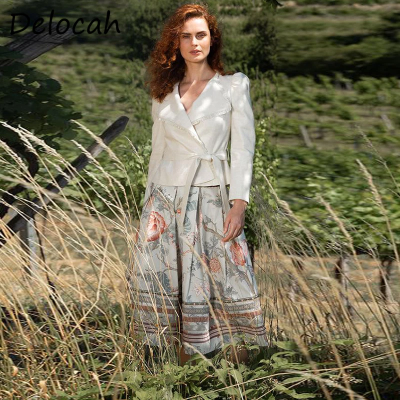 

Delocah New 2021 Autumn Women Fashion Designer Skirts Sets Long Sleeve Bow Sashes Jacket + High Waist Print Midi Skirts Suits