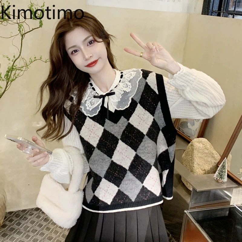 

Женский трикотажный жилет Kimotimo с узором ромбиками, осенне-зимний новый жилет с V-образным вырезом, корейский шикарный винтажный Универсальн...