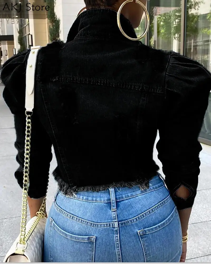 

Women Short Denim Jacket Female Puffed Sleeve Denim Coat Sexy Outfit 2021