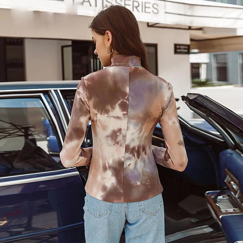 

Short soft printing winter shirt High street style fit rhigh collar shirt women Skinny pullover tie-dyed contrast tops
