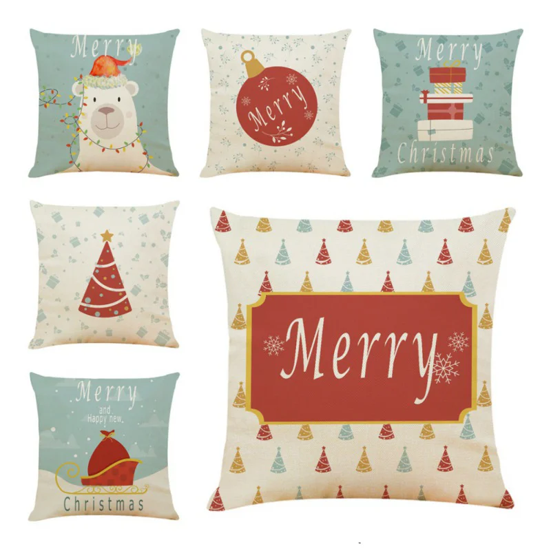 Cute Cartoon Linen Christmas Santa Claus Elk Throw Pillow Case Cover 45x45cm Merry Christmas Decorative Pillowcases