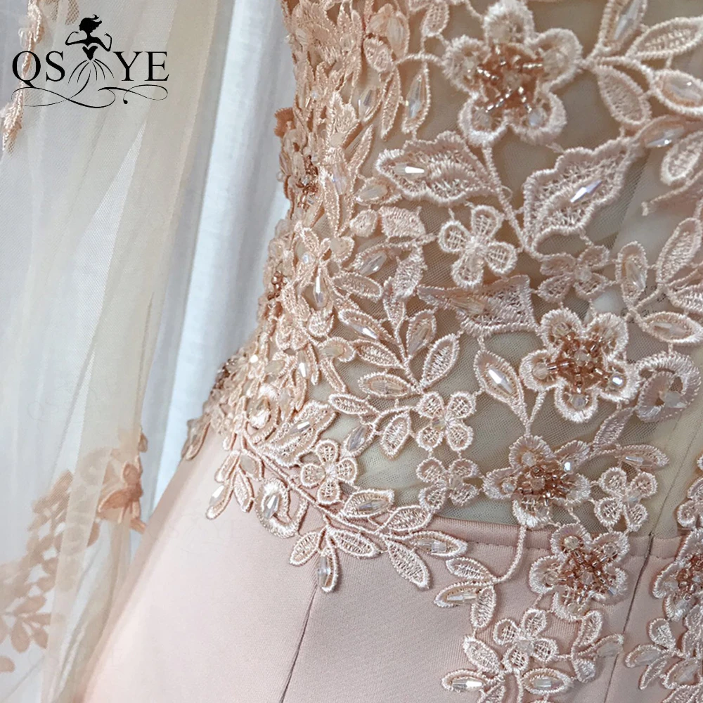 

Long Dress Champagne Prom Dresses Stretch Mermaid Formal Party Gown V Neck Beading Crystals Appliques Lace Evening Dress Vestido