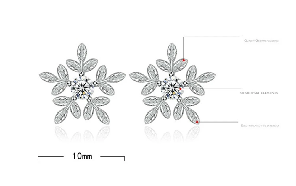 

Ladies Luxury Crystal Sweet and Lovely Flowers Leaves Stud Earrings Small Snow Ear Jewelry Fashion Silver Jewelry Brand 10MM