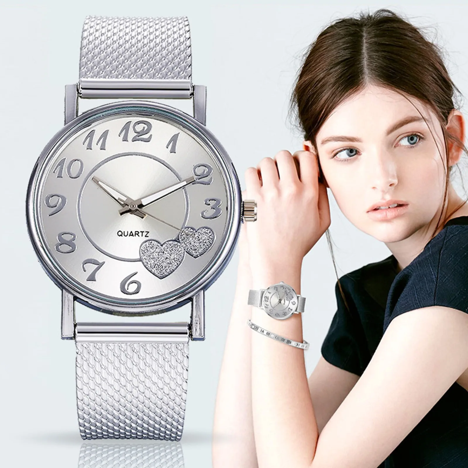 

Women Watches Ladies Unisex Watch Silver Heart Dial Silicone Mesh Belt Wrist Watch Women's Watch 2021 Reloj Mujer Montre Femme