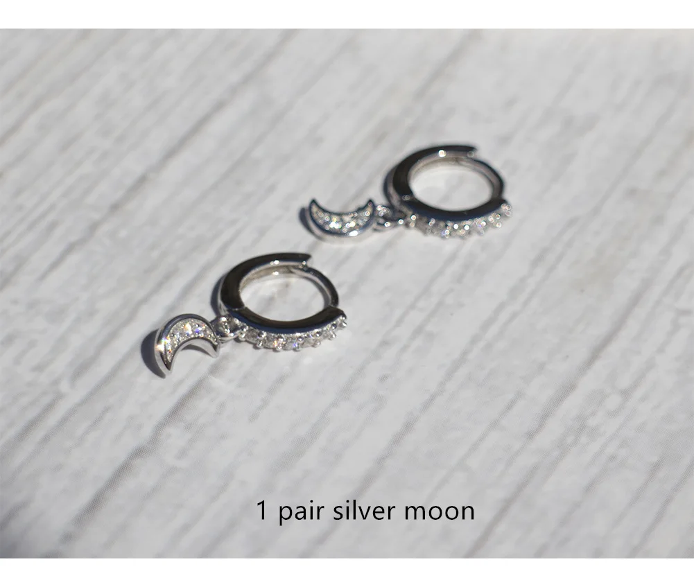 1 pair silver moon Серьги из стерлингового серебра 925 пробы, модные циркониевые серьги в форме сердца, Луны, звезды, Листьев, Короткие серьги, кольцо для ушей, милые трендовые женские серьги jewe - Окраска металла: 1 pair silver moon
