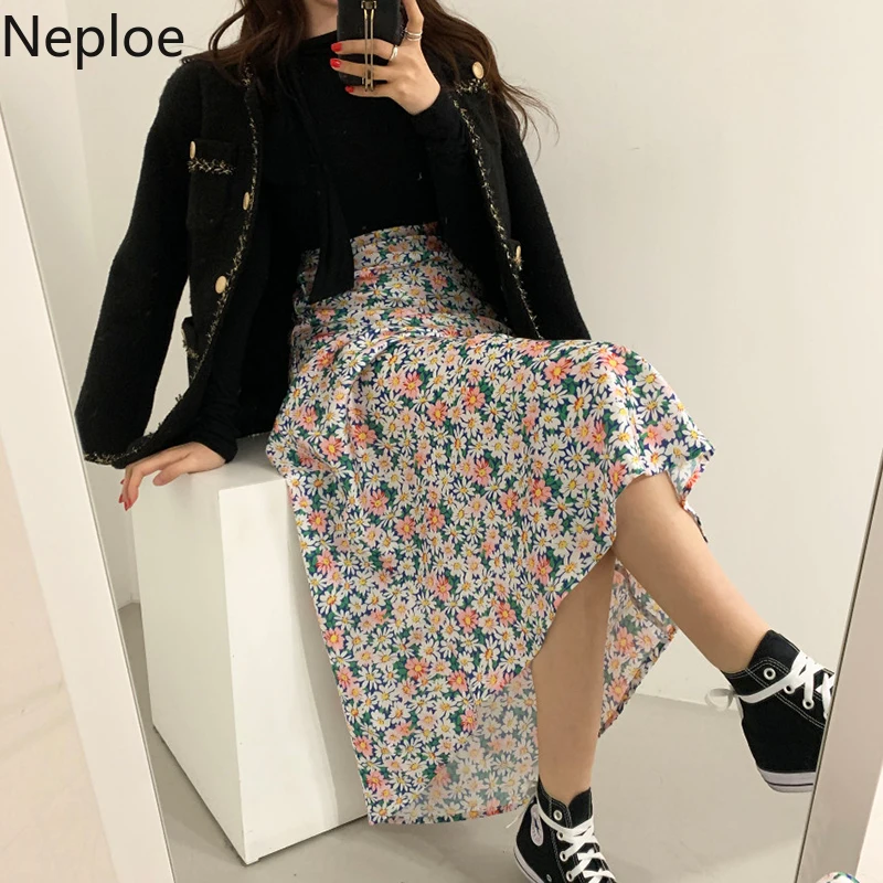 Женская юбка с цветочным принтом Neploe Корейская высокой талией и в виде трапеции
