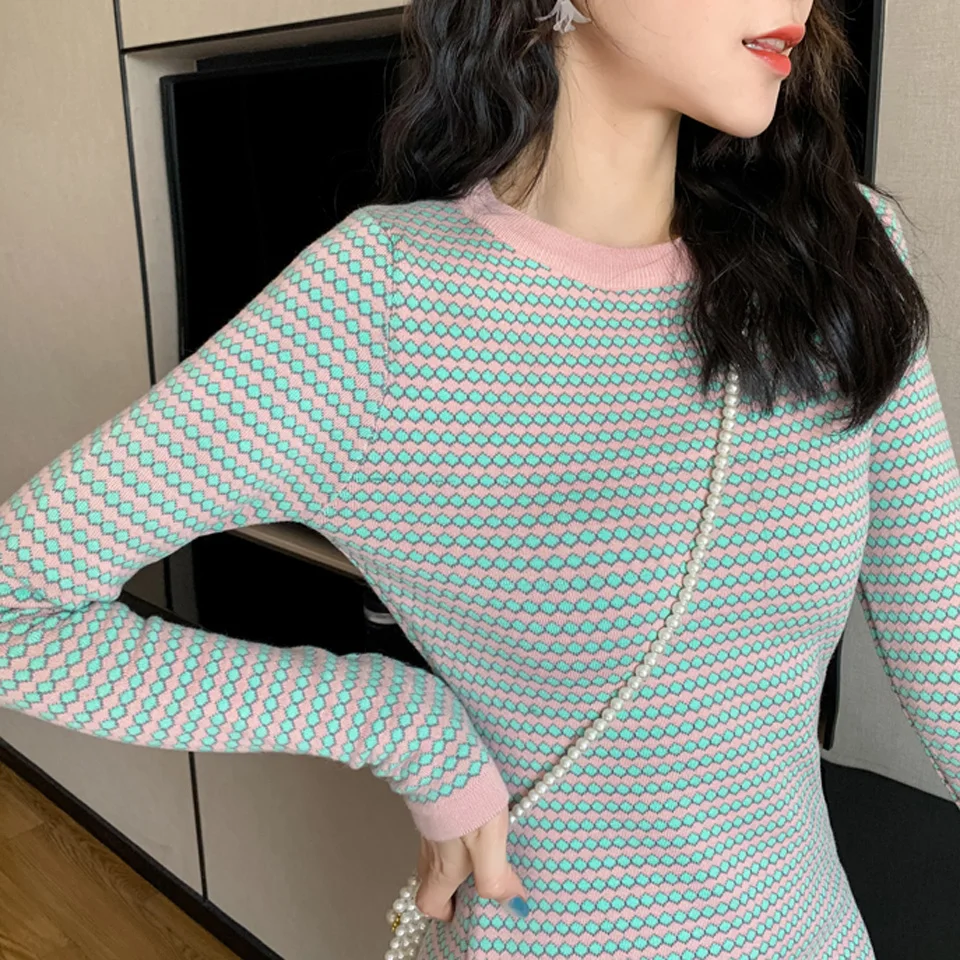 

Office Tight Pencil Dress Female Fashion Simple Geometric Pattern Autumn Winter Comfortable Warm Stretch Knit Sweater Dress