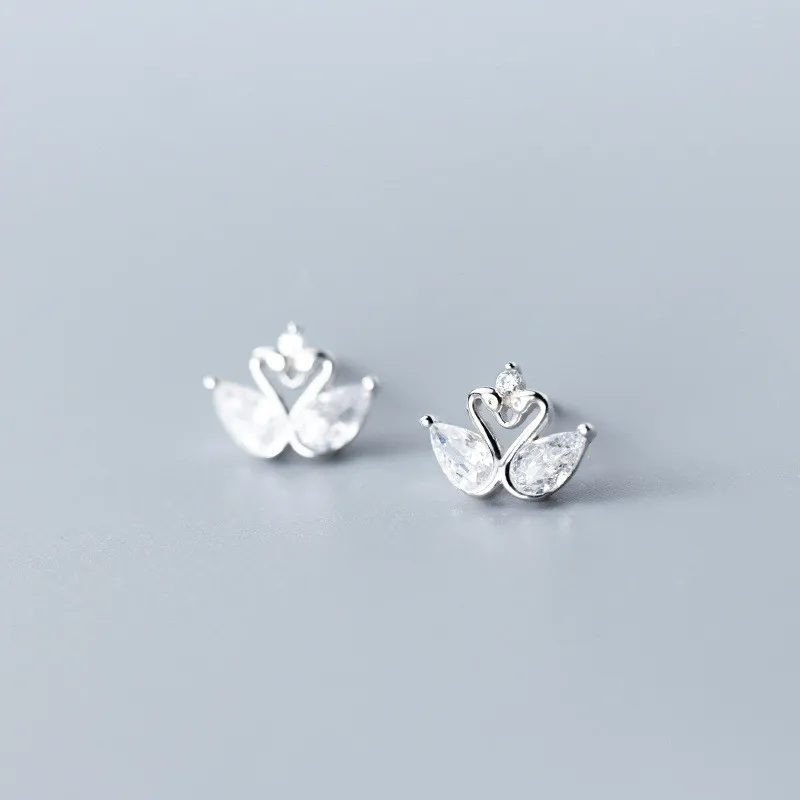 Style Chic Elegant Love Swan Ear Studs 925 Sterling Silver Clear CZ Stud Earrings Engagement Statement Jewelry | Украшения и