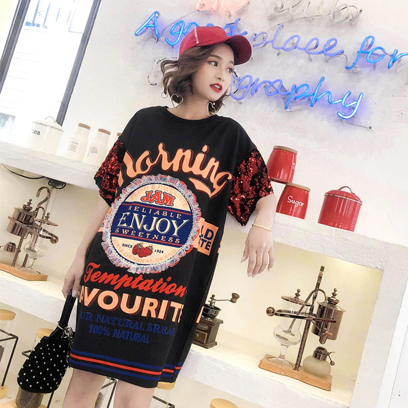 Летние 2020 в стиле хип-хоп с пайетками футболка короткими рукавами для женщин